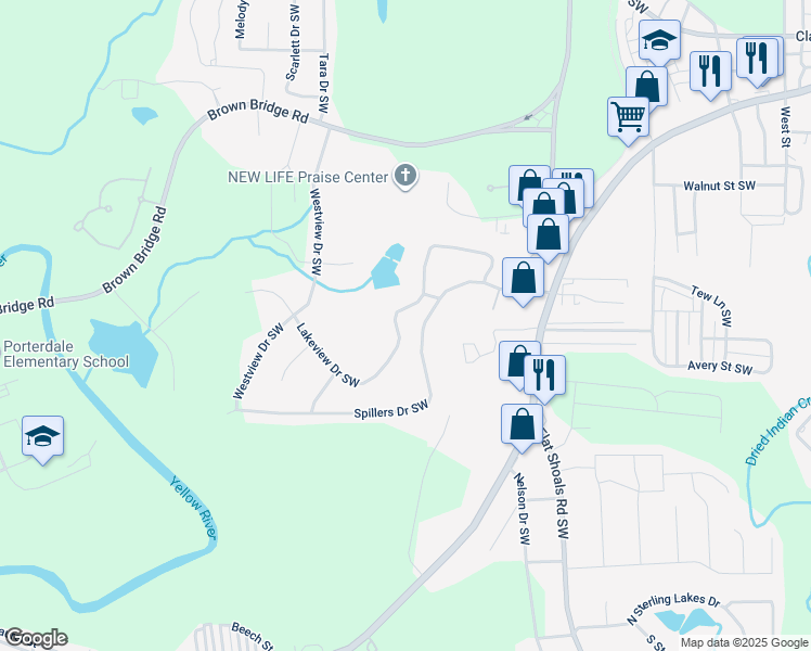 map of restaurants, bars, coffee shops, grocery stores, and more near 8227 Lakeview Drive Southwest in Covington