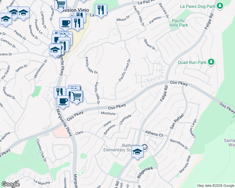 map of restaurants, bars, coffee shops, grocery stores, and more near 27380 Morro Drive in Mission Viejo