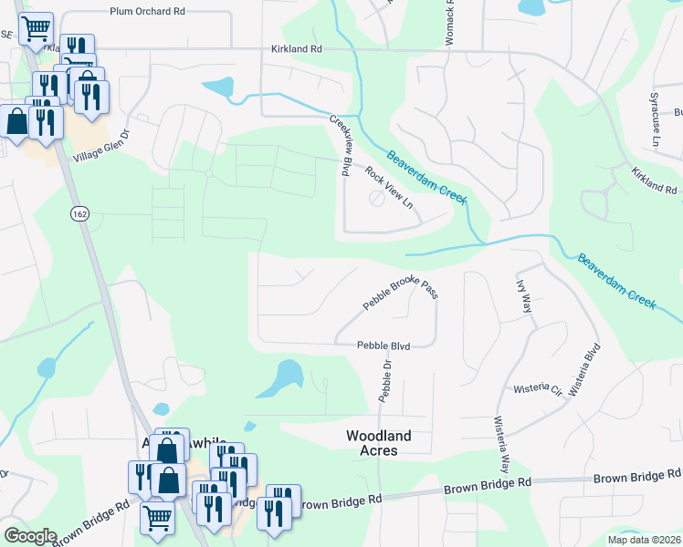 map of restaurants, bars, coffee shops, grocery stores, and more near 165 Pebble Brooke Court in Covington