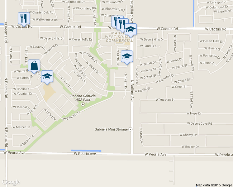map of restaurants, bars, coffee shops, grocery stores, and more near 14787 West Cholla Street in Surprise