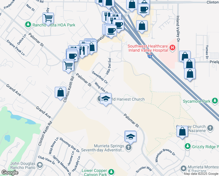 map of restaurants, bars, coffee shops, grocery stores, and more near 23069 Sweetbay Circle in Wildomar