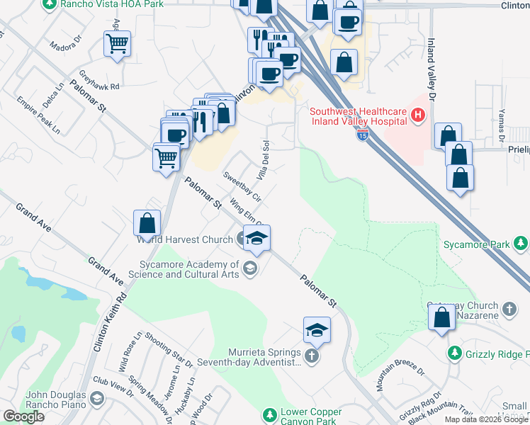 map of restaurants, bars, coffee shops, grocery stores, and more near 23069 Sweetbay Circle in Wildomar