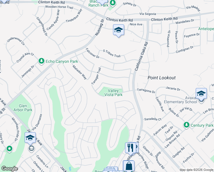 map of restaurants, bars, coffee shops, grocery stores, and more near 24003 Whistling Swan Road in Murrieta