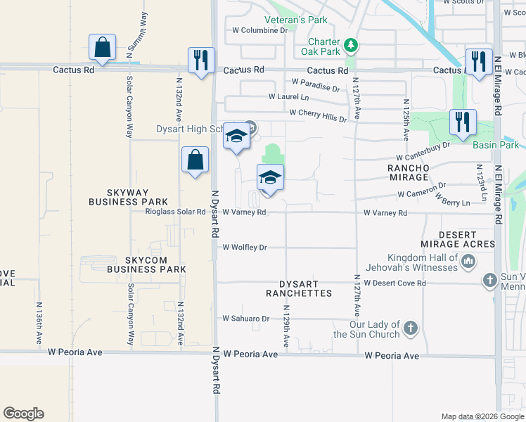 map of restaurants, bars, coffee shops, grocery stores, and more near 12950 West Varney Road in El Mirage