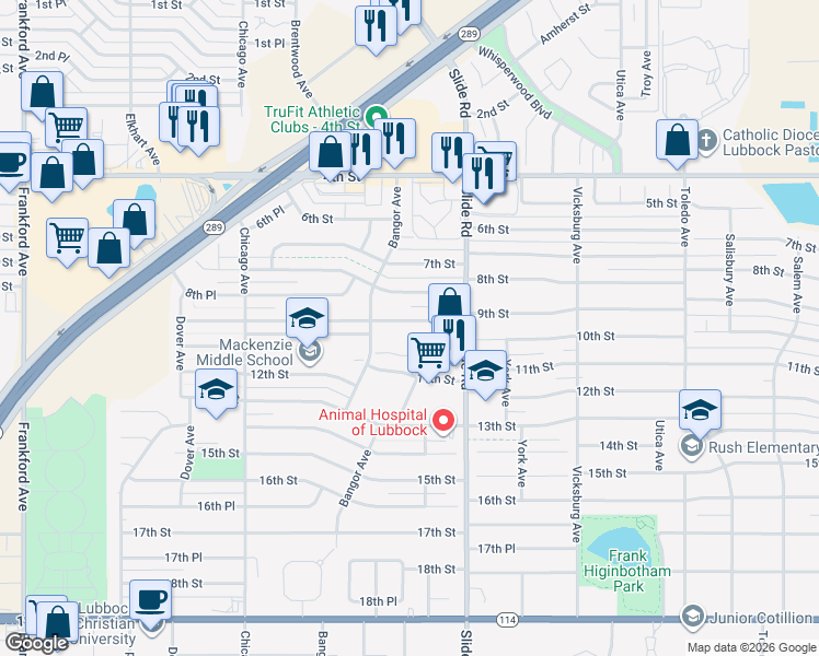 map of restaurants, bars, coffee shops, grocery stores, and more near 5224 9th Street in Lubbock