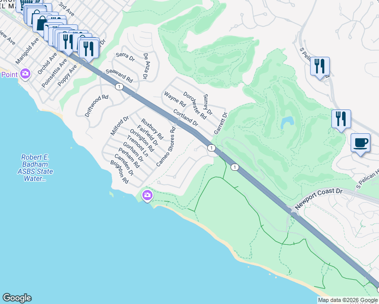 map of restaurants, bars, coffee shops, grocery stores, and more near 11 Shoreview Drive in Newport Beach