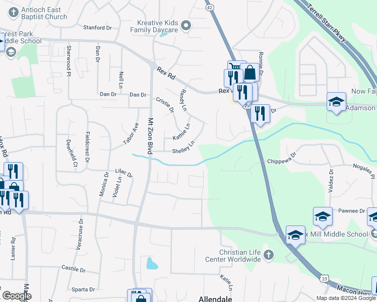 map of restaurants, bars, coffee shops, grocery stores, and more near 2787 Shelley Lane in Ellenwood