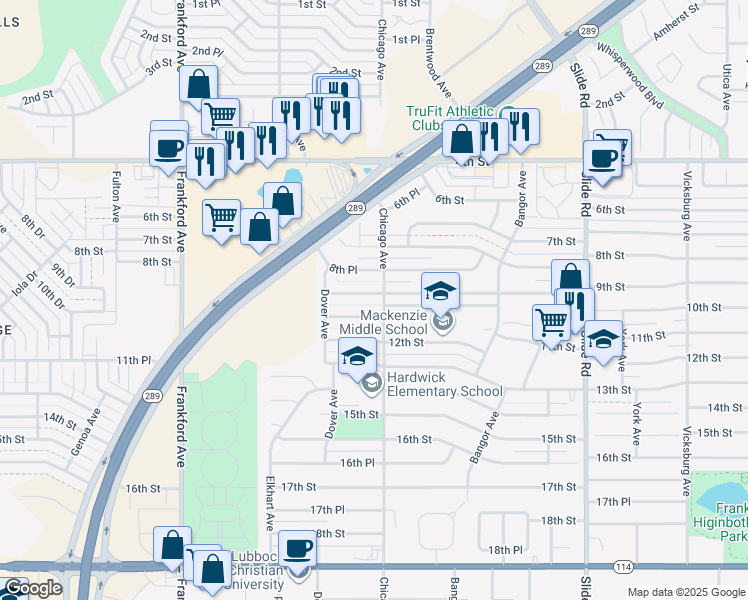 map of restaurants, bars, coffee shops, grocery stores, and more near 5442 9th Street in Lubbock