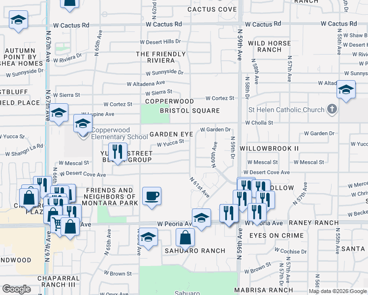 map of restaurants, bars, coffee shops, grocery stores, and more near 11303 North 61st Drive in Glendale