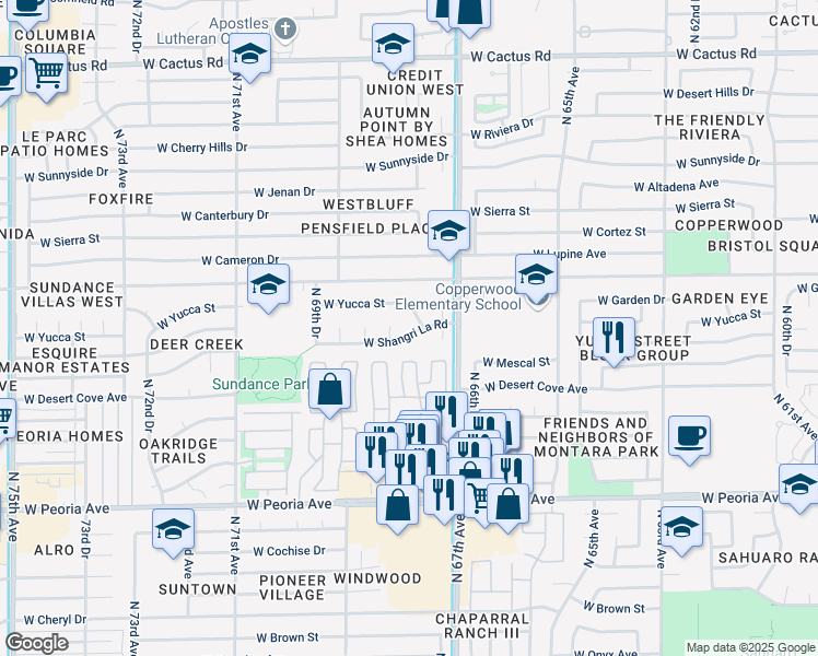 map of restaurants, bars, coffee shops, grocery stores, and more near 6751 West Yucca Street in Peoria