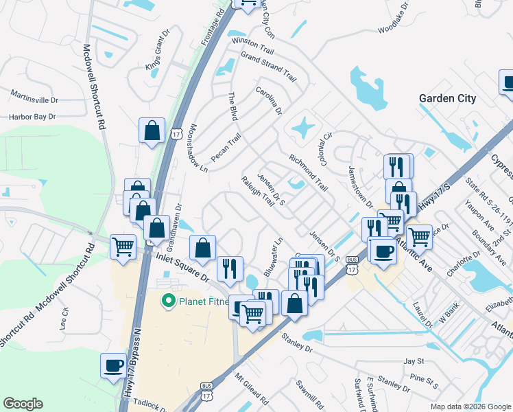 map of restaurants, bars, coffee shops, grocery stores, and more near 728 Raleigh Trail in Murrells Inlet