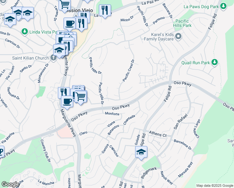 map of restaurants, bars, coffee shops, grocery stores, and more near 27321 Cloverly Drive in Mission Viejo
