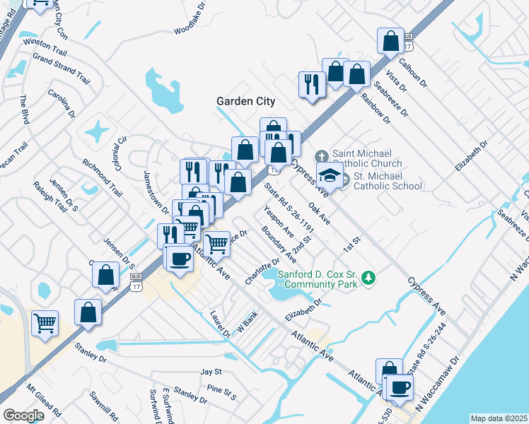 map of restaurants, bars, coffee shops, grocery stores, and more near 1600 Boundary Road in Murrells Inlet