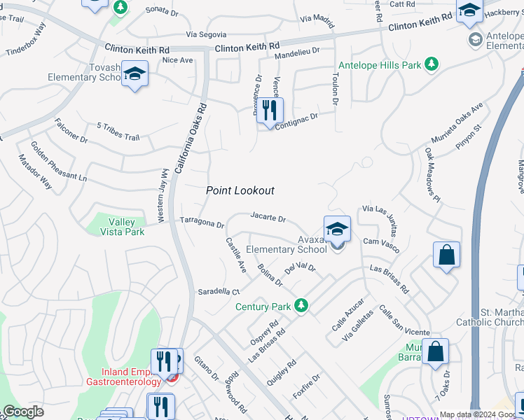 map of restaurants, bars, coffee shops, grocery stores, and more near 24420 Jacarte Drive in Murrieta