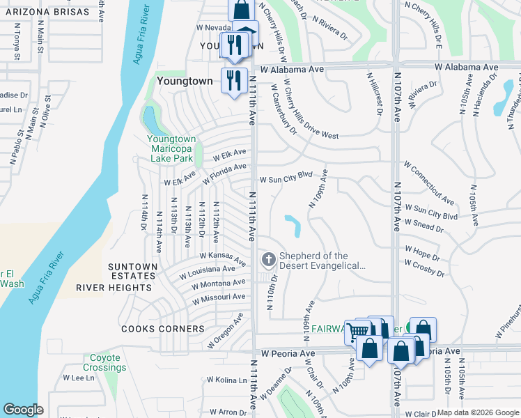 map of restaurants, bars, coffee shops, grocery stores, and more near 11420 North 111th Avenue in Youngtown