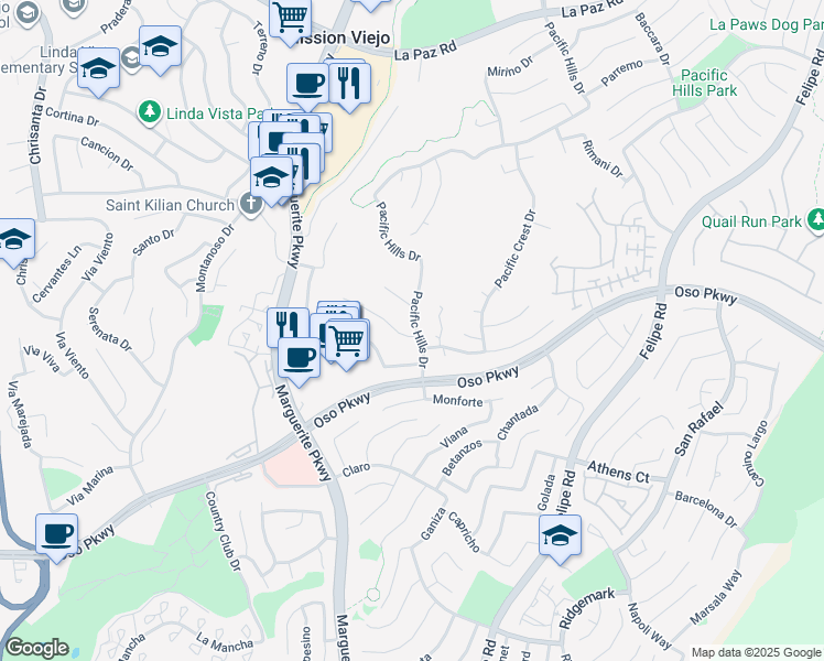 map of restaurants, bars, coffee shops, grocery stores, and more near 27200 Pacific Heights Drive in Mission Viejo