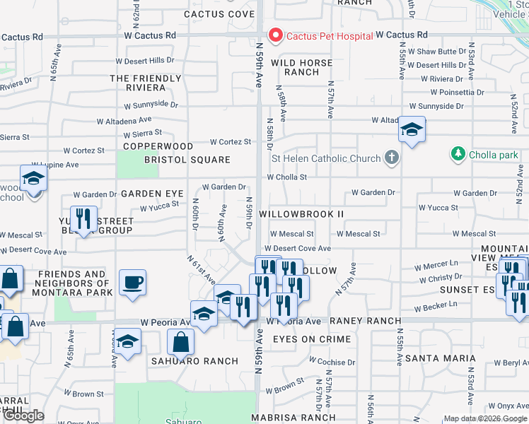 map of restaurants, bars, coffee shops, grocery stores, and more near 5820 West Yucca Street in Glendale