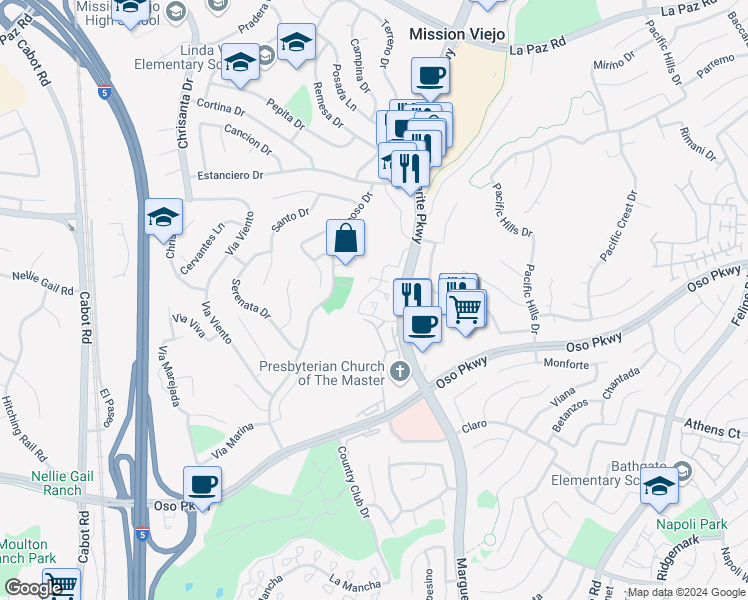 map of restaurants, bars, coffee shops, grocery stores, and more near in Mission Viejo