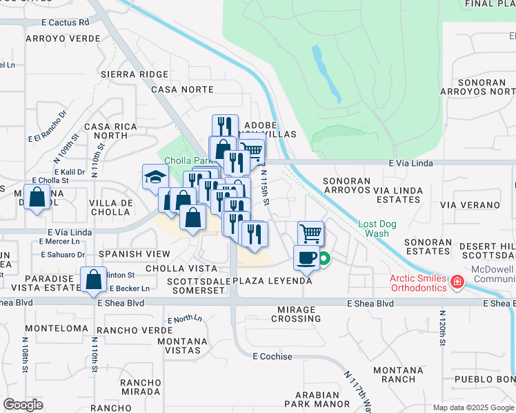 map of restaurants, bars, coffee shops, grocery stores, and more near 11100 North 115th Street in Scottsdale