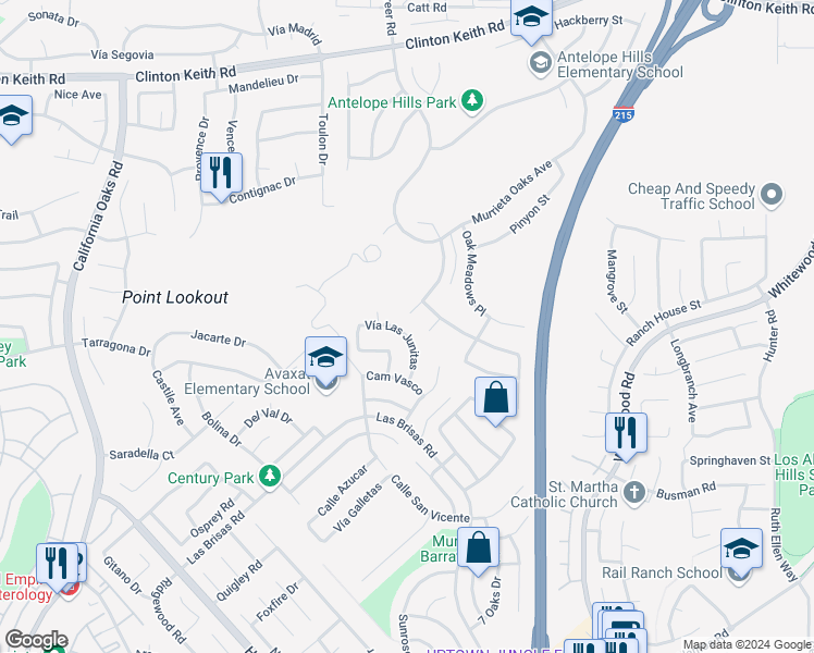 map of restaurants, bars, coffee shops, grocery stores, and more near 24372 Vía Las Junitas in Murrieta