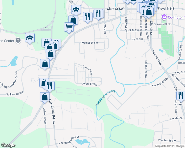 map of restaurants, bars, coffee shops, grocery stores, and more near 5195 Tew Lane Southwest in Covington