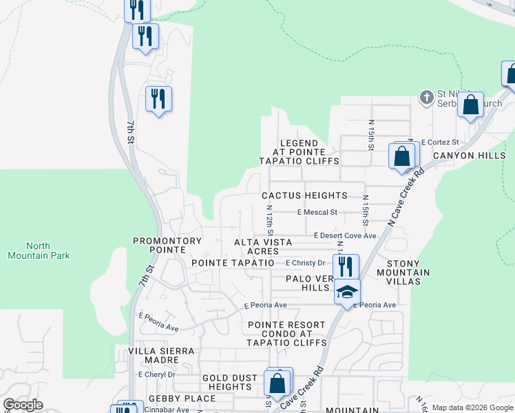 map of restaurants, bars, coffee shops, grocery stores, and more near 1115 East Shangri La Road in Phoenix