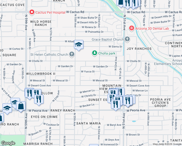 map of restaurants, bars, coffee shops, grocery stores, and more near 5335 West Garden Drive in Glendale