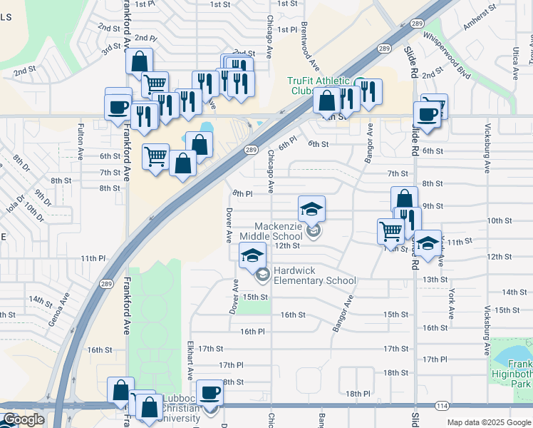 map of restaurants, bars, coffee shops, grocery stores, and more near 5442 9th Street in Lubbock