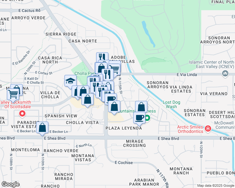 map of restaurants, bars, coffee shops, grocery stores, and more near 11100 North 115th Street in Scottsdale