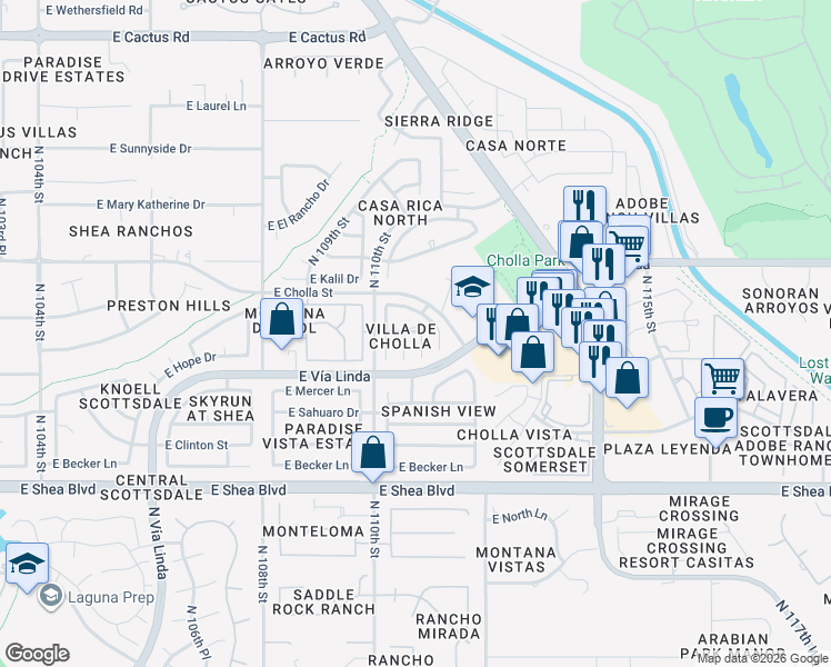 map of restaurants, bars, coffee shops, grocery stores, and more near 11138 East Yucca Street in Scottsdale