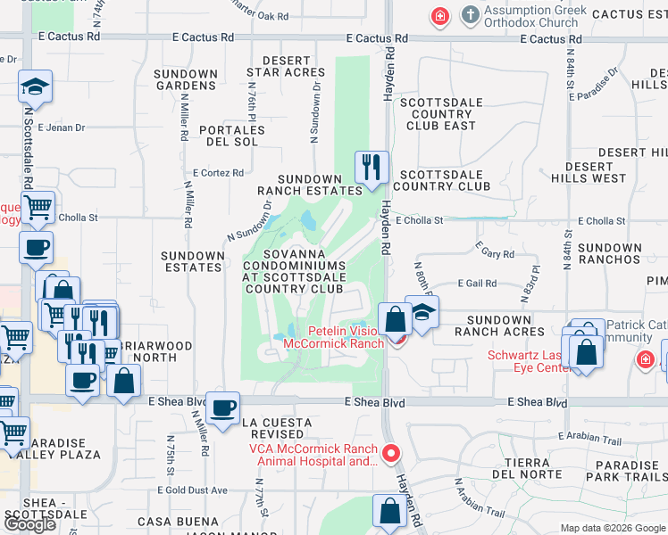 map of restaurants, bars, coffee shops, grocery stores, and more near 7909 East Cholla Street in Scottsdale