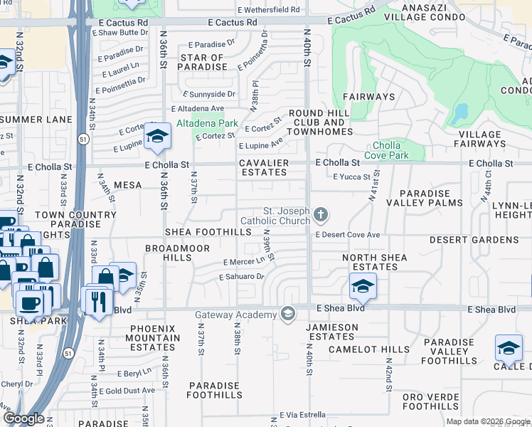 map of restaurants, bars, coffee shops, grocery stores, and more near 3822 East Shangri La Road in Phoenix