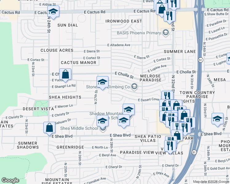 map of restaurants, bars, coffee shops, grocery stores, and more near 2801 East Shangri La Road in Phoenix