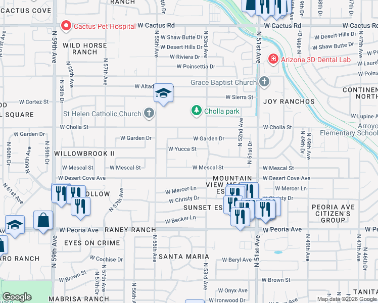 map of restaurants, bars, coffee shops, grocery stores, and more near 5335 West Garden Drive in Glendale