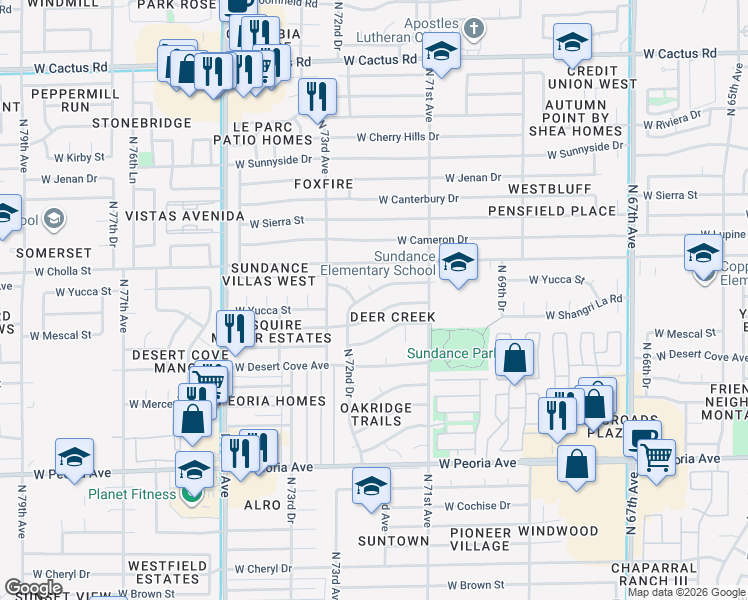 map of restaurants, bars, coffee shops, grocery stores, and more near 7144 West Yucca Street in Peoria