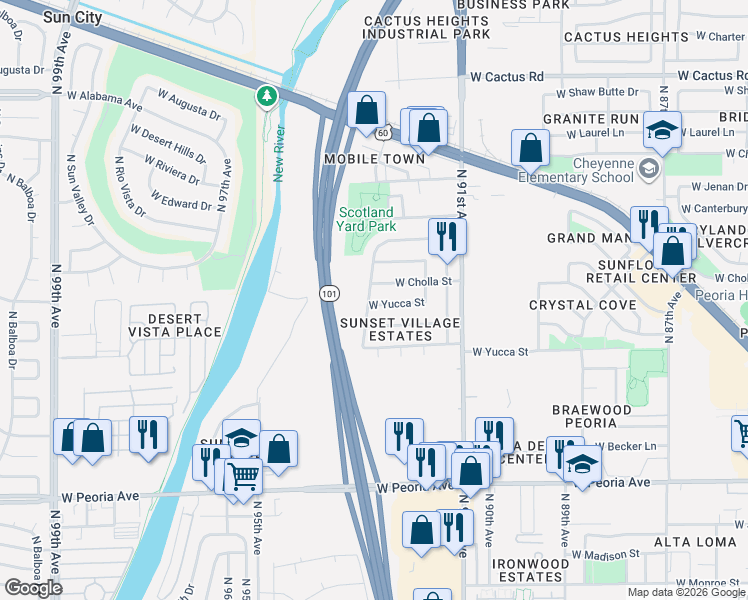 map of restaurants, bars, coffee shops, grocery stores, and more near 9256 West Cholla Street in Peoria
