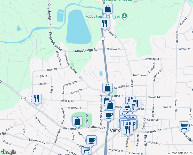 map of restaurants, bars, coffee shops, grocery stores, and more near 702 North Park Street in Carrollton