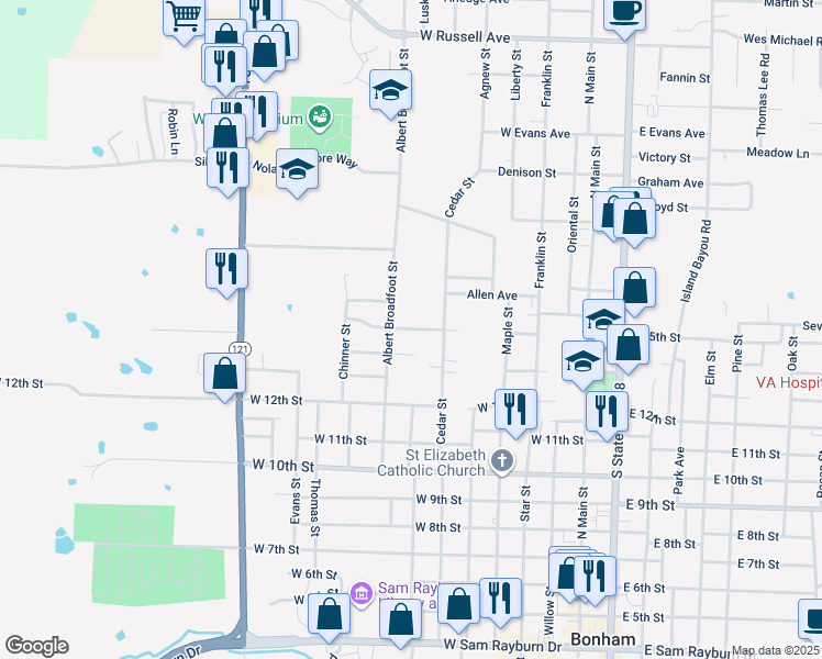 map of restaurants, bars, coffee shops, grocery stores, and more near 1500 Albert Broadfoot Street in Bonham