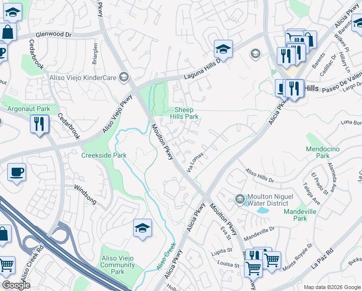 map of restaurants, bars, coffee shops, grocery stores, and more near 15 Briar Creek Lane in Laguna Hills
