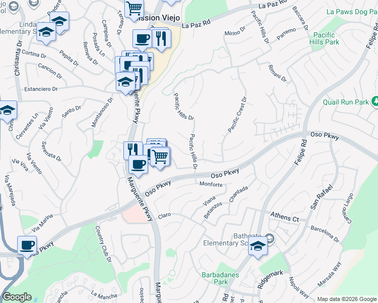 map of restaurants, bars, coffee shops, grocery stores, and more near 27201 South Ridge Drive in Mission Viejo