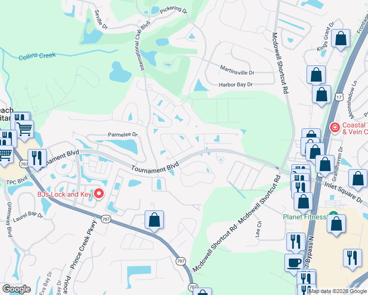 map of restaurants, bars, coffee shops, grocery stores, and more near 300 Cypress Keyes Lane in Murrells Inlet