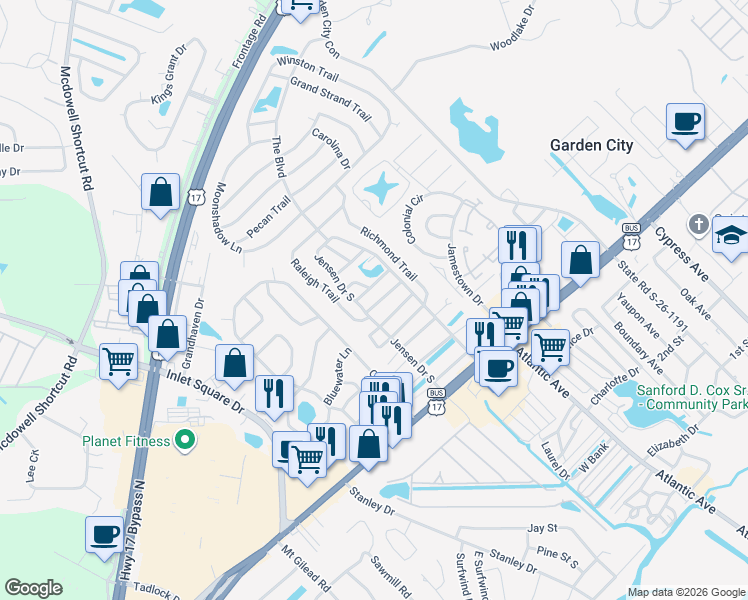 map of restaurants, bars, coffee shops, grocery stores, and more near 2982 Emory Trail in Murrells Inlet