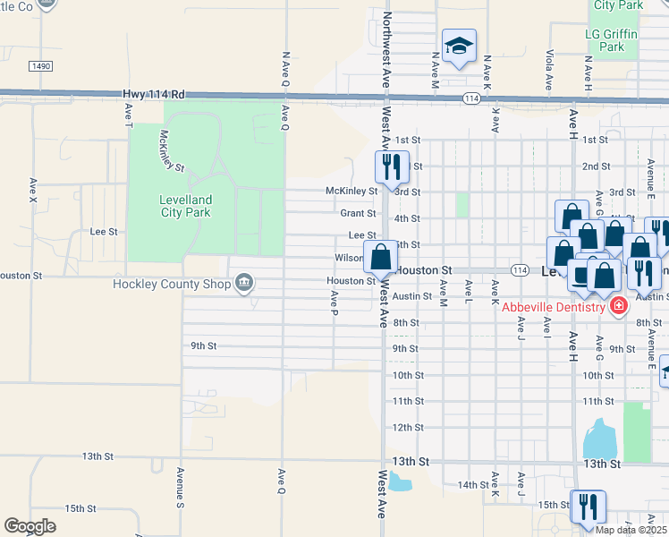map of restaurants, bars, coffee shops, grocery stores, and more near Avenue P in Levelland