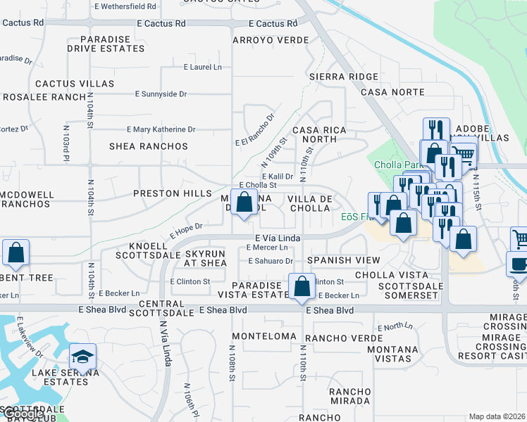 map of restaurants, bars, coffee shops, grocery stores, and more near 10924 East Gary Road in Scottsdale
