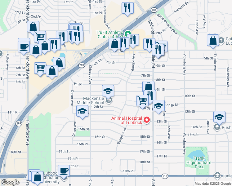 map of restaurants, bars, coffee shops, grocery stores, and more near 5415 8th Place in Lubbock