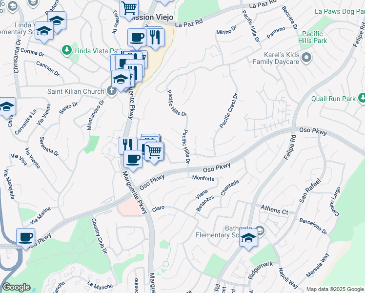 map of restaurants, bars, coffee shops, grocery stores, and more near 27201 South Ridge Drive in Mission Viejo