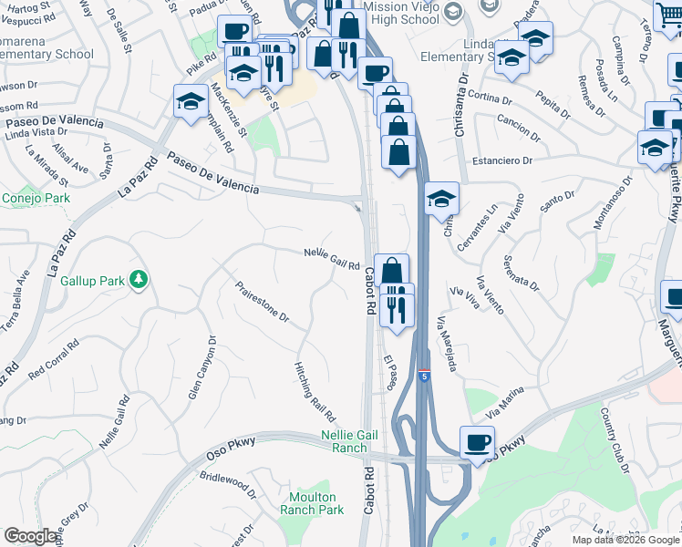 map of restaurants, bars, coffee shops, grocery stores, and more near 26031 Waterwheel Place in Laguna Hills