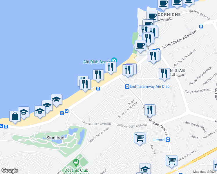map of restaurants, bars, coffee shops, grocery stores, and more near Boulevard de Biarritz in Casablanca