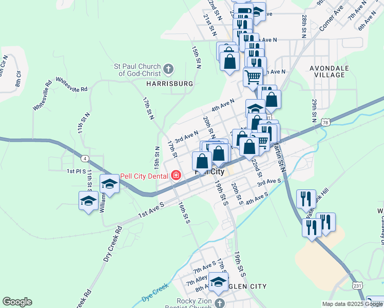 map of restaurants, bars, coffee shops, grocery stores, and more near 1801 2nd Avenue North in Pell City