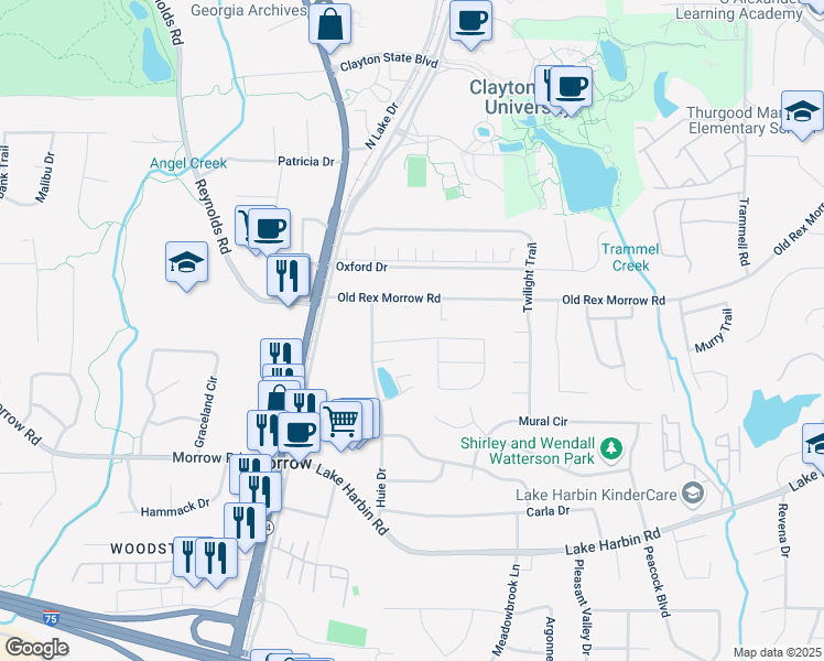 map of restaurants, bars, coffee shops, grocery stores, and more near 1691 Old Rex Morrow Road in Morrow